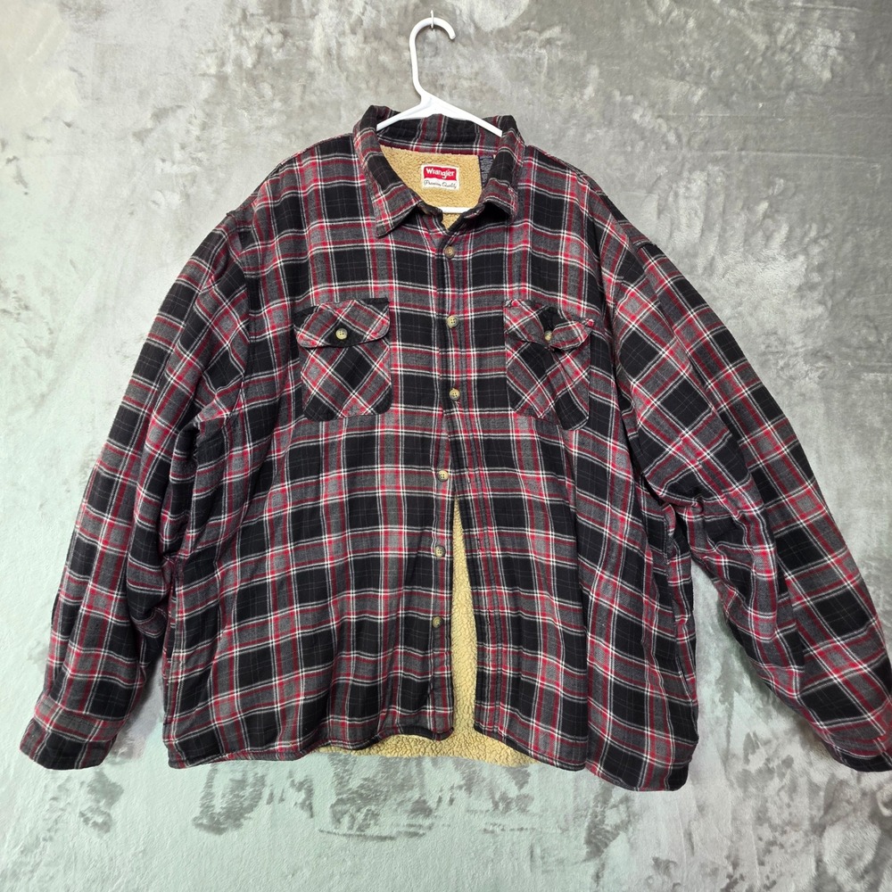 Wrangler Mens 3XL Sherpa Lined Flannel Shirt Jacket Red Black Plaid Heavyweight
